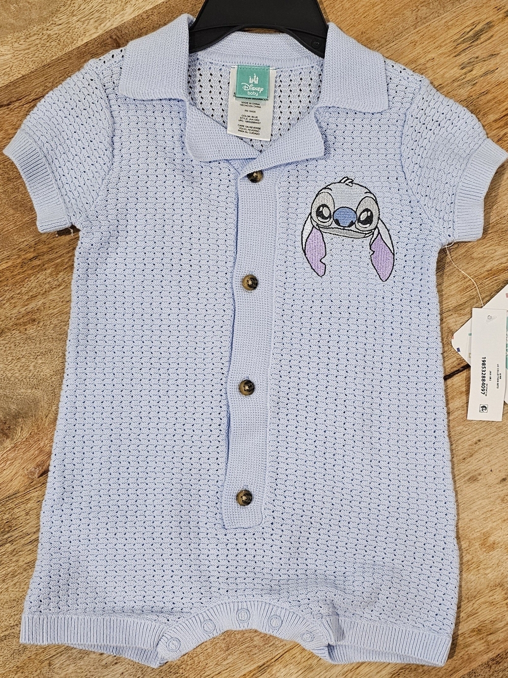 Disney Light Blue Knit Stitch Button-Front Romper